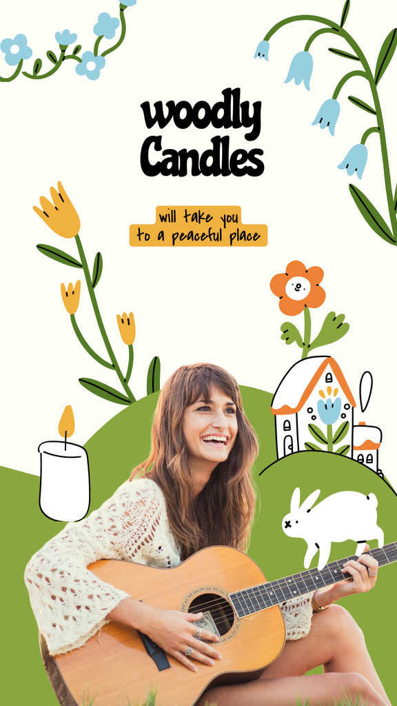 Designvorlage Woodly Candles Ad with Girl playing Guitar für Instagram Story