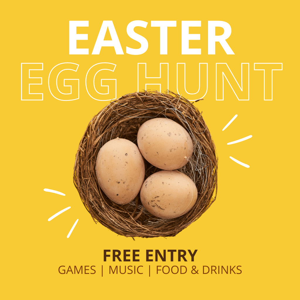 Easter Egg Hunt Ad with Chicken Eggs in Decorative Nest Instagram Design Template