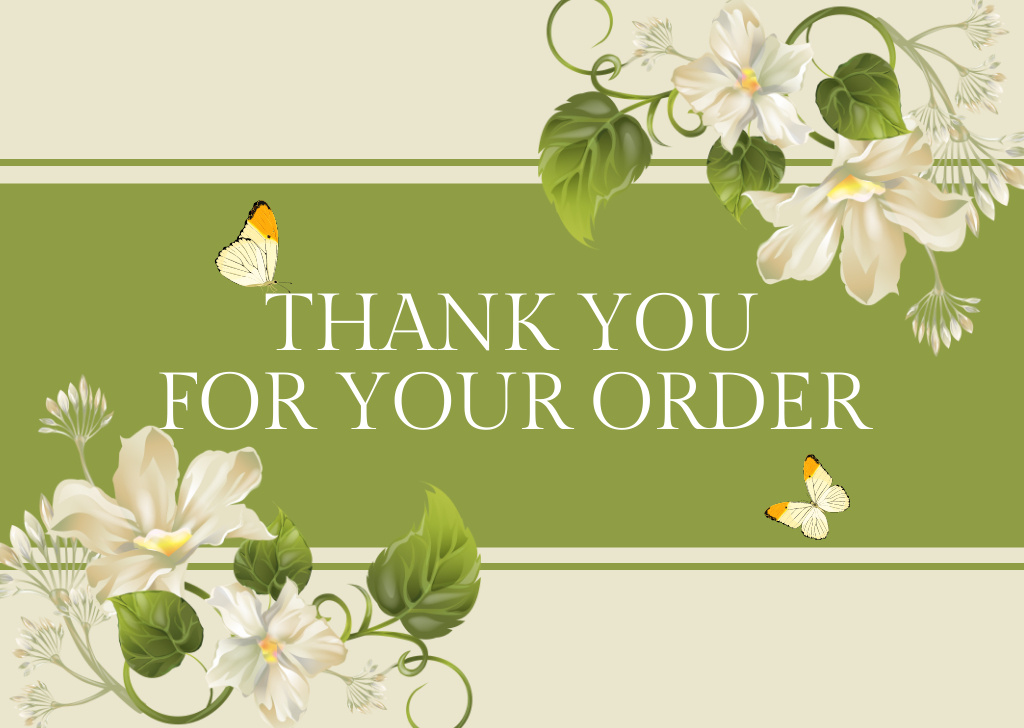 Thank You For Your Order Message with White Flowers and Butterflies Cardデザインテンプレート
