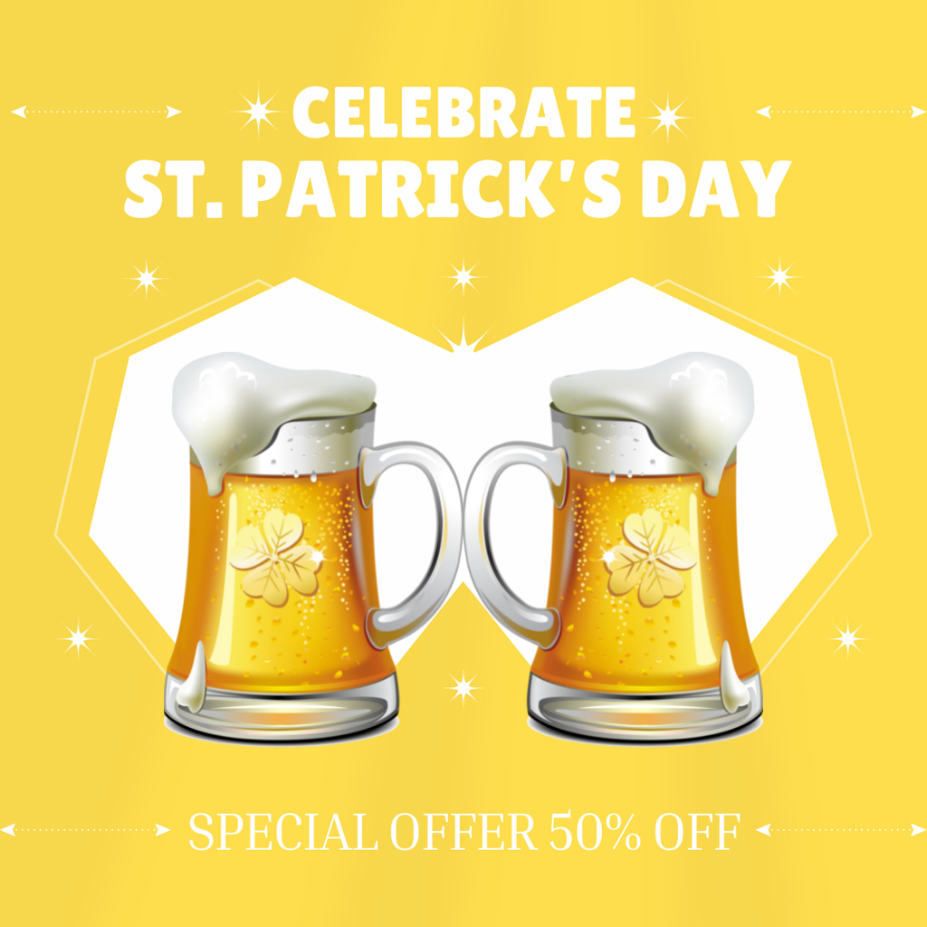 St. Patrick's Day Greetings with Beer Mugs in Yellow Instagram Design Template