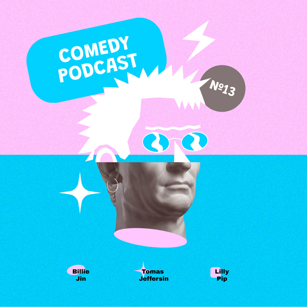 Comedy Podcast Announcement with Funny Statue Podcast Cover Design Template