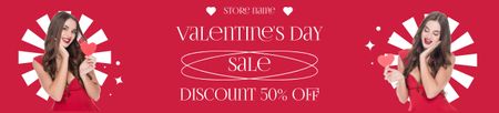Platilla de diseño Valentine's Day Discount with Beautiful Woman in Red Ebay Store Billboard