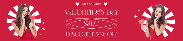 Valentine's Day Discount with Romantic Woman in Red Ebay Store Billboardデザインテンプレート