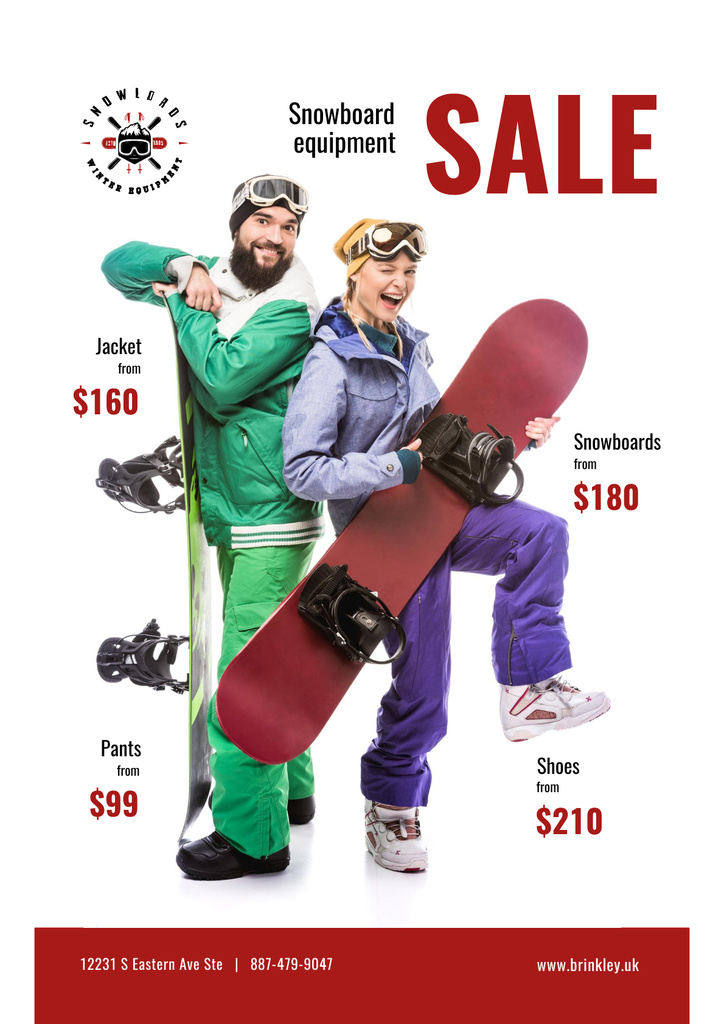 Snowboarding Equipment Sale with People with Boards Poster Design Template