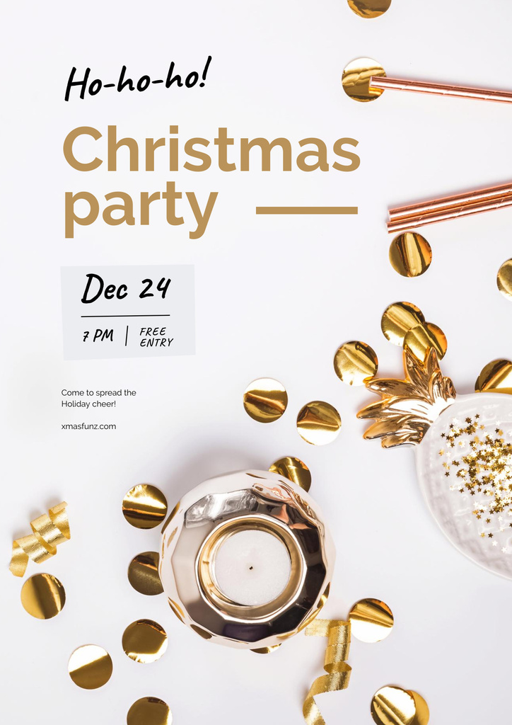 Festive Christmas Party Announcement With Golden Confetti Posterデザインテンプレート