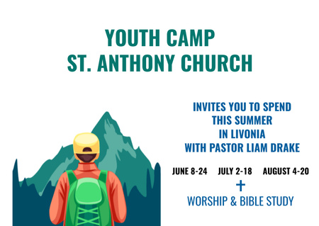 Youth Religion Camp invitation with boy in Mountains Postcard Design Template