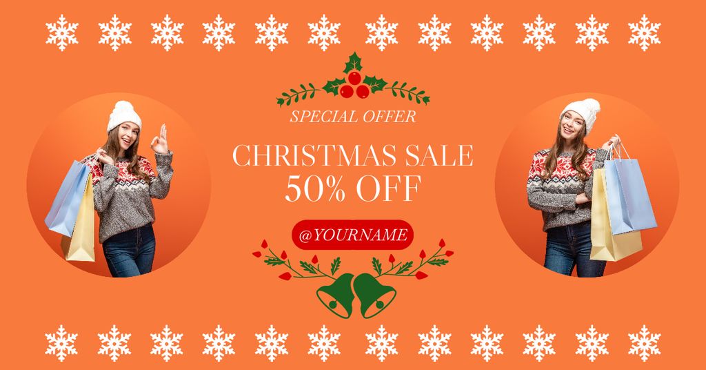 Woman is Shopping on Christmas Sale Orange Facebook AD Design Template
