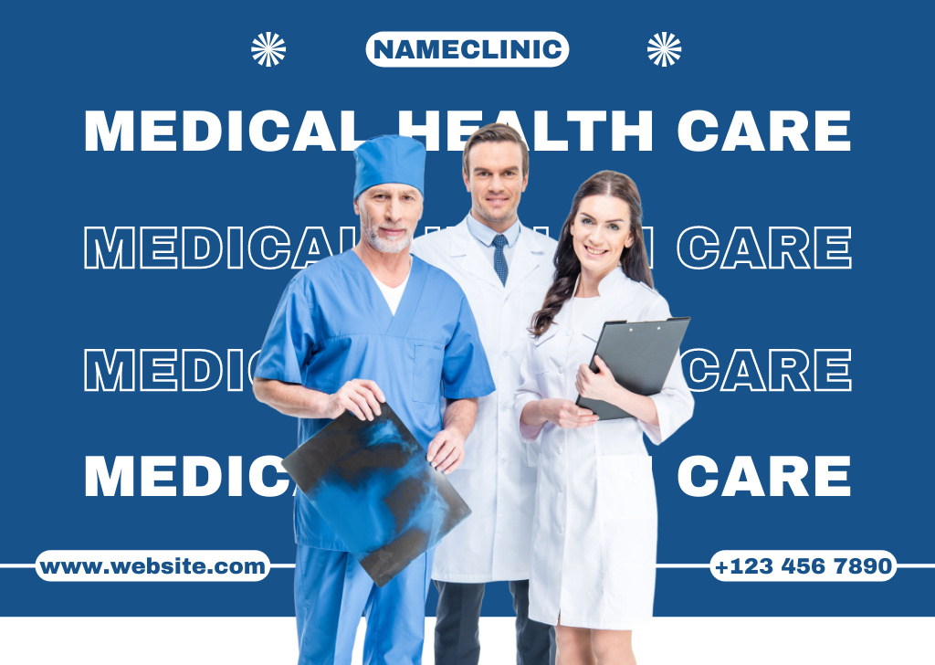 Medical Healthcare Ad with Team of Doctors Card Tasarım Şablonu
