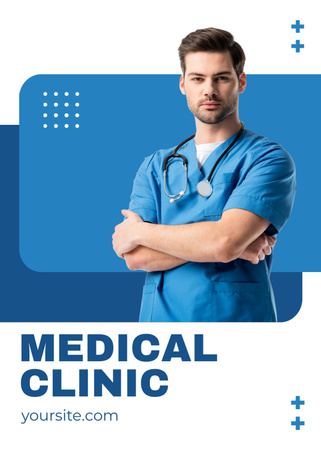 Medical Clinic Ad with Doctor in Uniform Flayerデザインテンプレート
