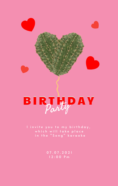 Birthday Party Announcement With Green Heart Invitation 4.6x7.2inデザインテンプレート