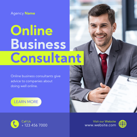 Services of Business Consulting with Friendly Smiling Consultant LinkedIn post Design Template