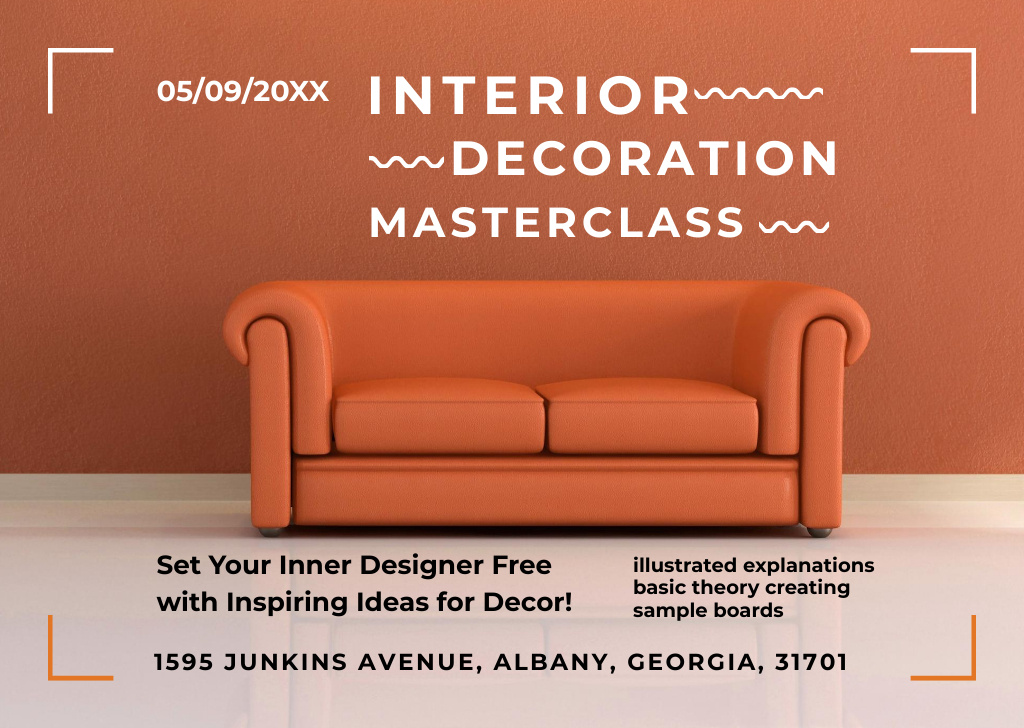 Ontwerpsjabloon van Postcard van Interior Decoration Masterclass Offer with Orange Sofa