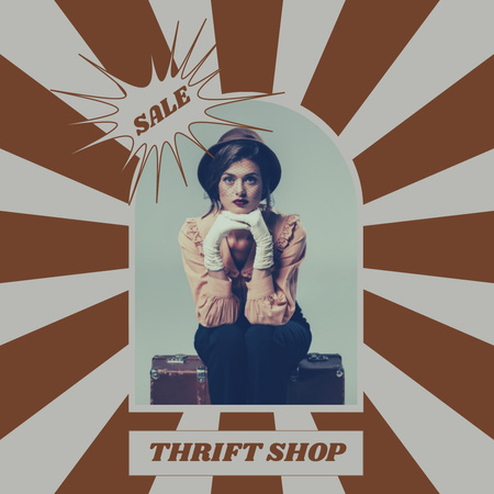 Woman on old suitcase thrift shop Instagram AD Design Template