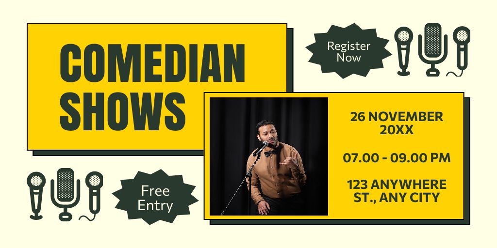 Comedian Show with Free Entry Twitter Design Template