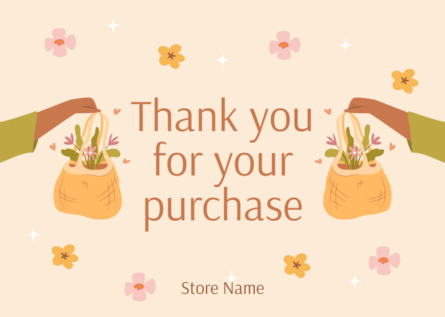 Thank You For Your Purchase Message with Flowers in Basket Card Design Template