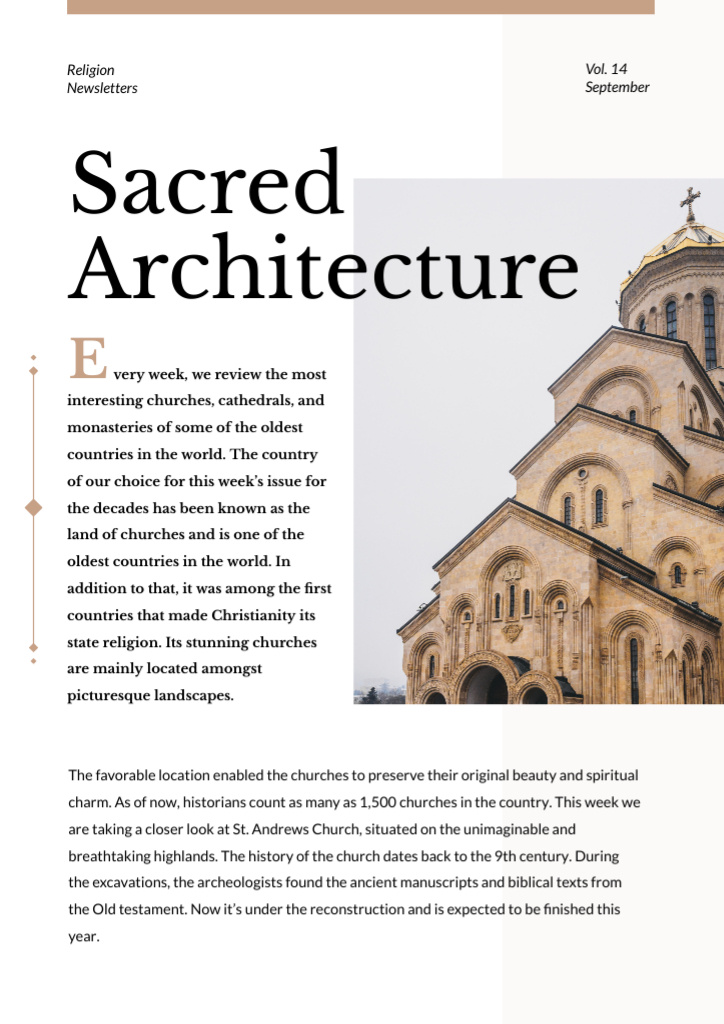 Sacred Architecture guide with Church facade Newsletter Πρότυπο σχεδίασης