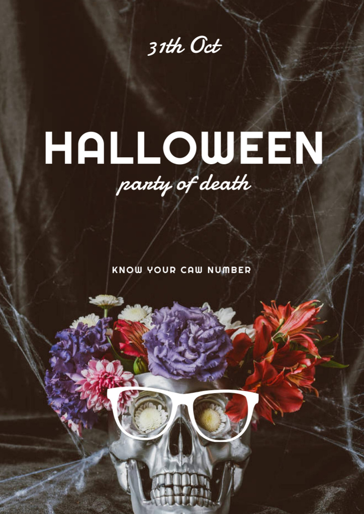 Halloween Party Announcement with Human Skull in Glasses and Wreath Poster A3 tervezősablon