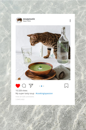 Designvorlage Cute Cat on Table near Soup Bowl für Pinterest