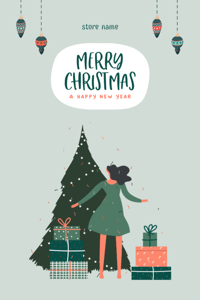 Christmas and New Year Greetings with Girl in Green Dress Postcard 4x6in Vertical – шаблон для дизайна
