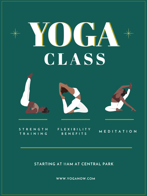 Yoga Class Ad with Different Yoga Poses by Young Woman Poster US Modelo de Design