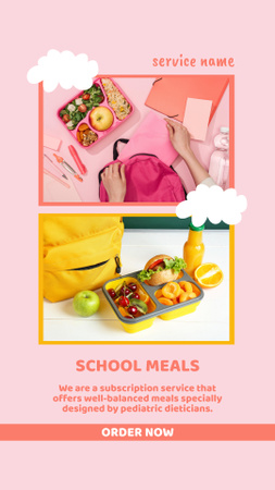 Template di design Annuncio di cibo per la scuola con zaino e portapranzo sul tavolo Instagram Video Story