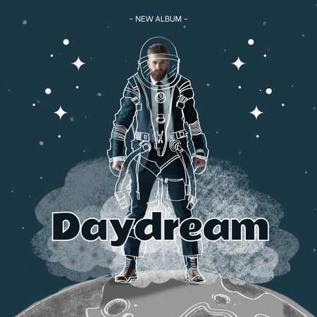 Man with doodled spacesuit standing on moon with stars and titles Album Cover Design Template