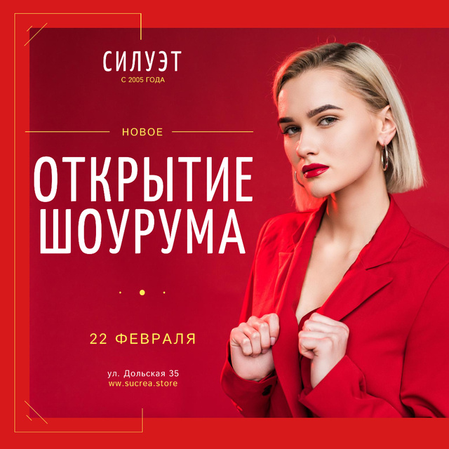 Modèle de visuel Showroom Opening Announcement Woman in Red Suit - Instagram