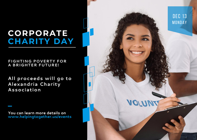 Template di design Corporate Charity Day Announcement with Smiling Young Female Volunteer Flyer A6 Horizontal