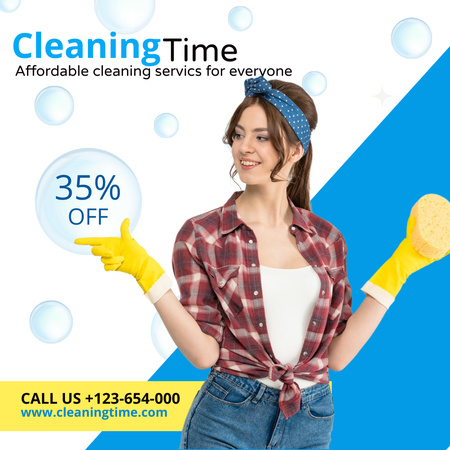 Cleaning Services offer with Girl in Yellow Gloves Instagram AD Design Template