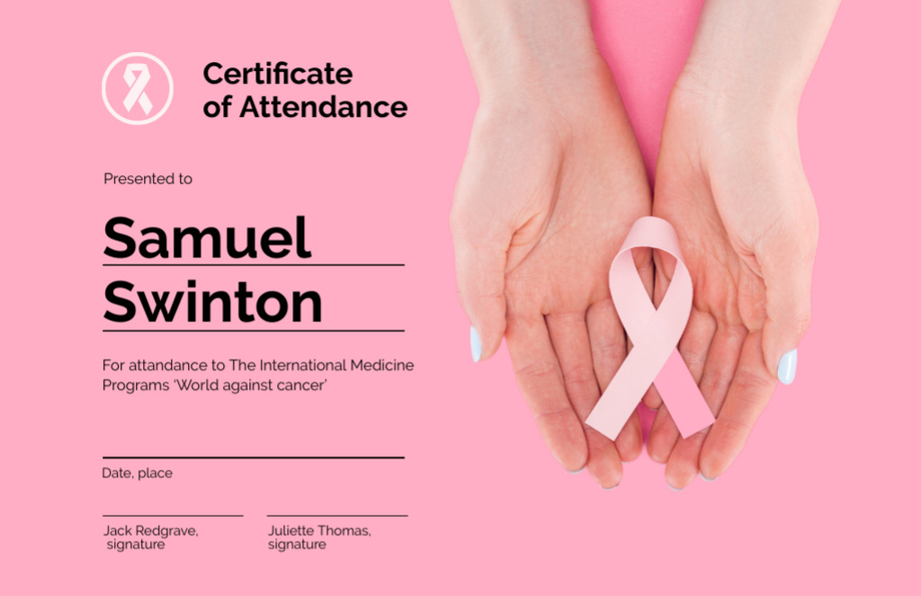 Szablon projektu Breast Cancer Awareness Program Attendance Gratitude Certificate 5.5x8.5in