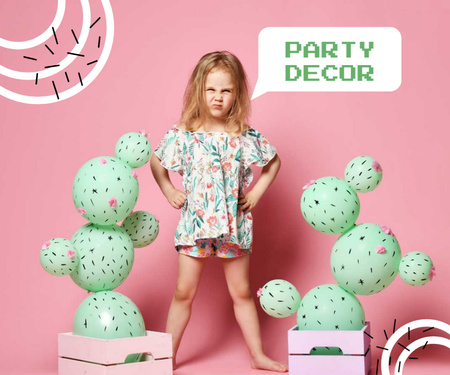 Party Decor Offer with Cute Little Girl Medium Rectangle Design Template
