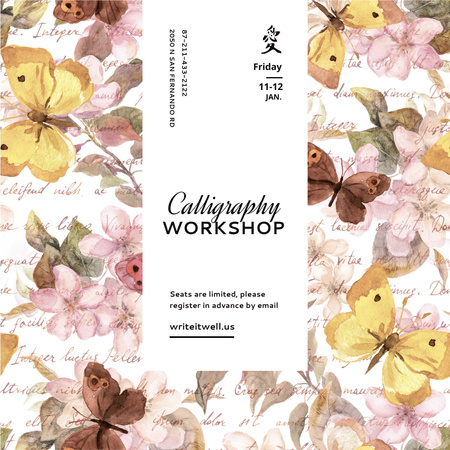 Anúncio de oficina de caligrafia em padrão de borboletas Instagram Modelo de Design