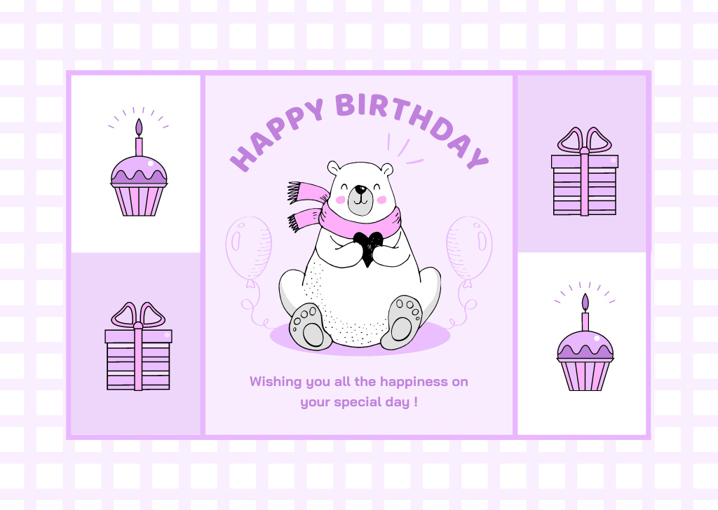 Happy Birthday with Cute Cartoon Bear Card Modelo de Design