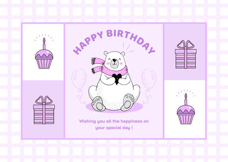 Happy Birthday with Cute Cartoon Bear Card Design Template