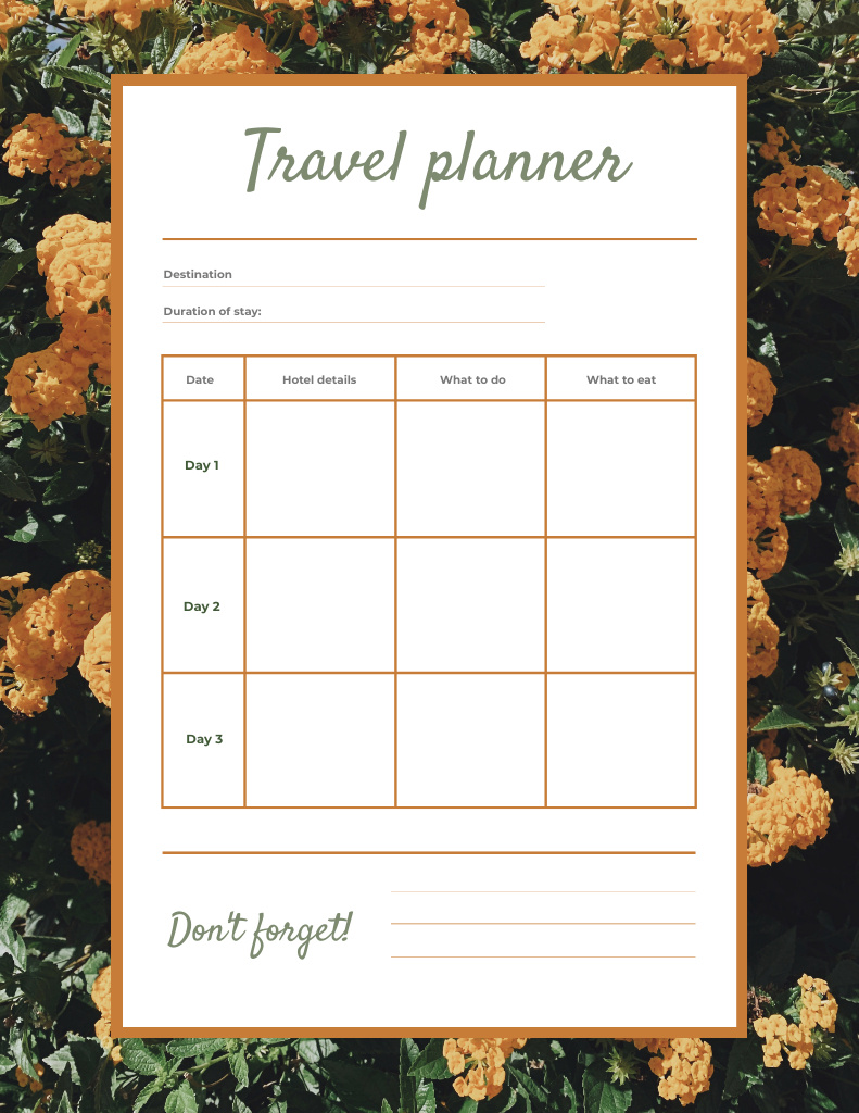 Travel Planner in Yellow Flowers Frame Notepad 8.5x11in Design Template
