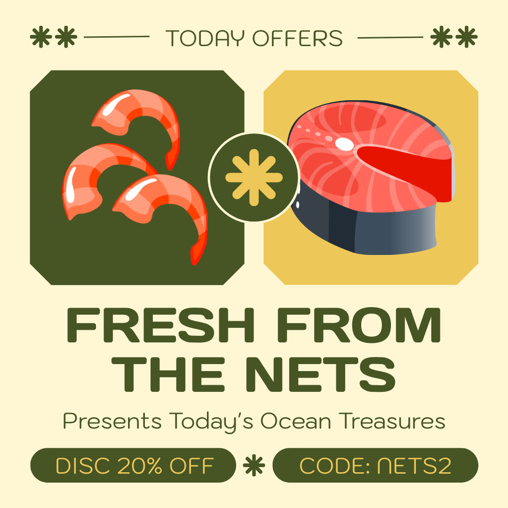 Fish Market Ad with Illustration of Shrimps and Salmon Instagram tervezősablon