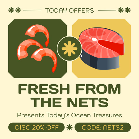 Fish Market Ad with Illustration of Shrimps and Salmon Instagram Design Template