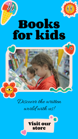 Template di design Offerta di libri colorati per bambini in blu Instagram Video Story