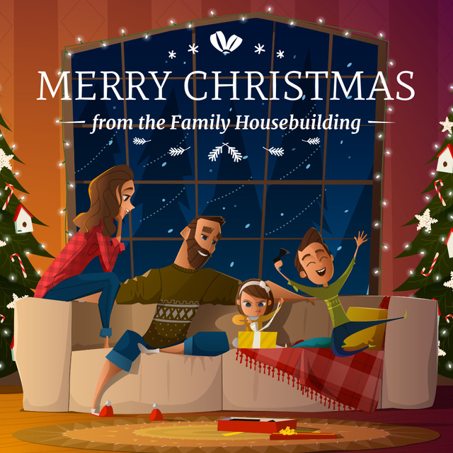 Merry Christmas Greeting Family with Kids by Fir Tree Instagram AD Modelo de Design