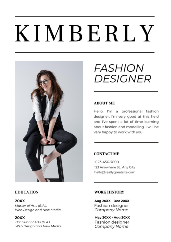 Modèle de visuel Fashion Designer Skills and Experience with Photo on White - Resume