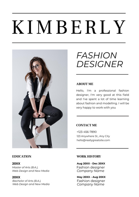 Fashion Designer Skills and Experience with Photo on White Resume Design Template