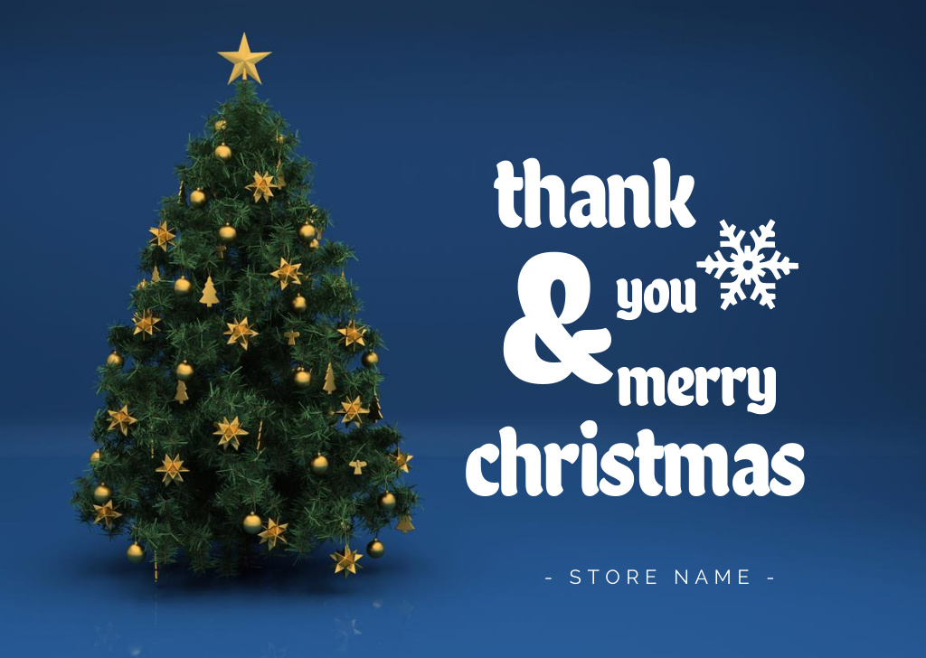 Christmas Cheers and Thank You with Tree in Golden Decorations Postcard Design Template