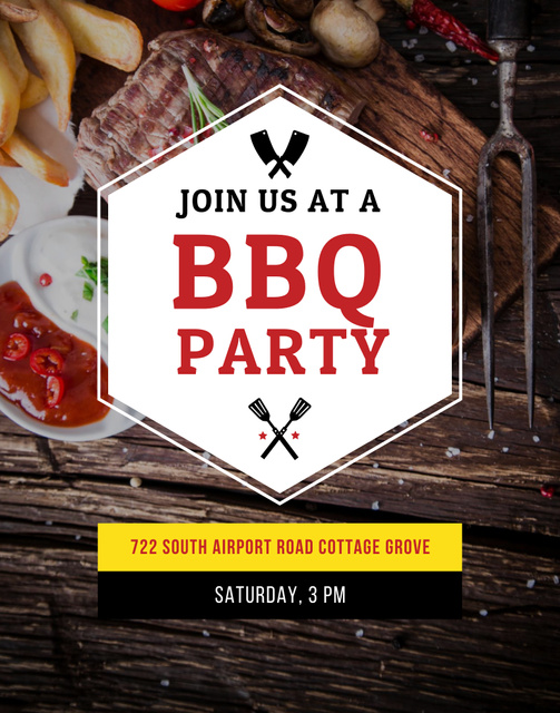 Awesome BBQ Party Announcement with Grilled Steak Poster 22x28in Design Template