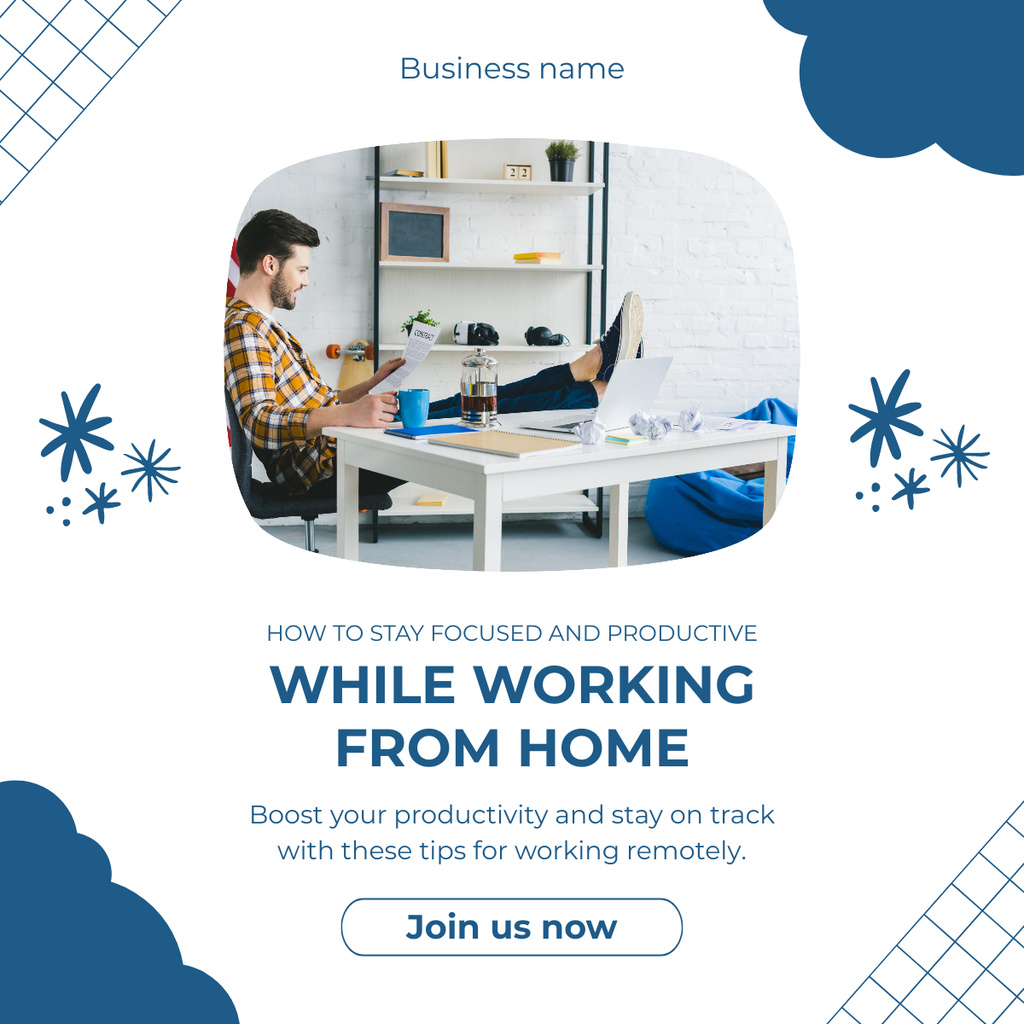 Ontwerpsjabloon van LinkedIn post van How to Be Productive Working from Home
