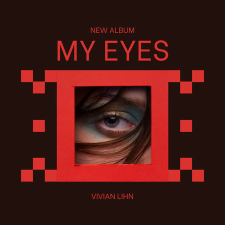 Красная рамка пикселей с женским глазом и названиями на коричневом фоне Album Cover – шаблон для дизайна