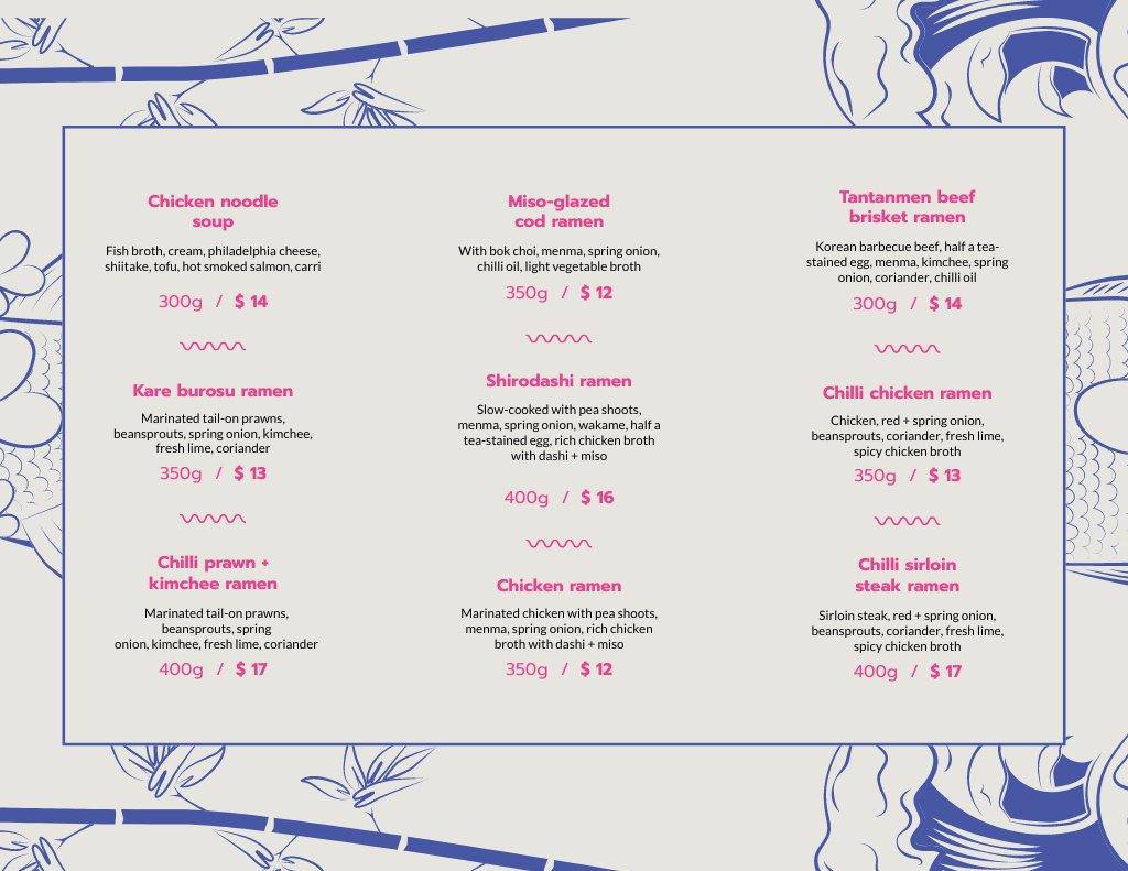 Ramen Restaurant Noodles List With Illustration Menu 11x8.5in Tri-Fold – шаблон для дизайну