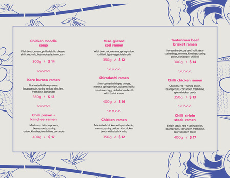 Ramen Restaurant Noodles List With Illustration Menu 11x8.5in Tri-Fold Design Template