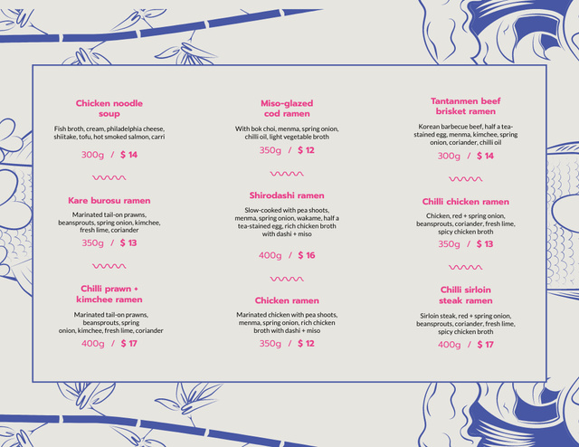 Ramen Restaurant Noodles List With Illustration Menu 11x8.5in Tri-Fold Tasarım Şablonu