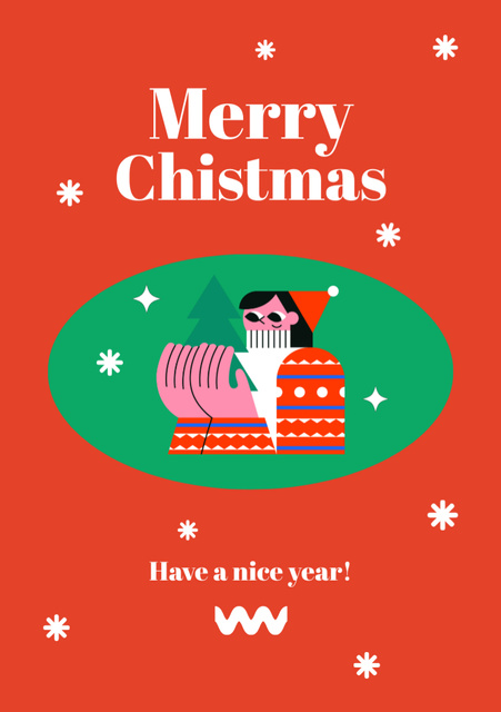 Christmas Greetings Illustrated with Girl on Red Postcard A5 Vertical Design Template