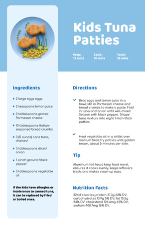 Ontwerpsjabloon van Recipe Card van kinderen tonijn patty 's op plaat